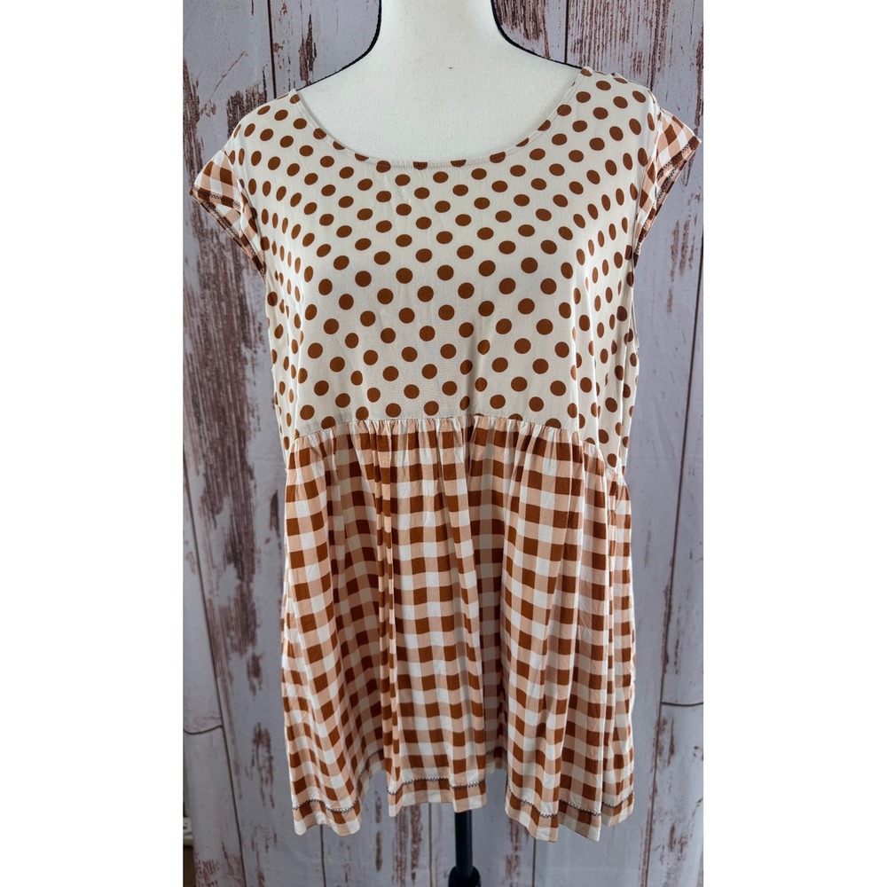 Matilda Jane Brown Polka Dot Gingham Babydoll Top Women XL Excellent